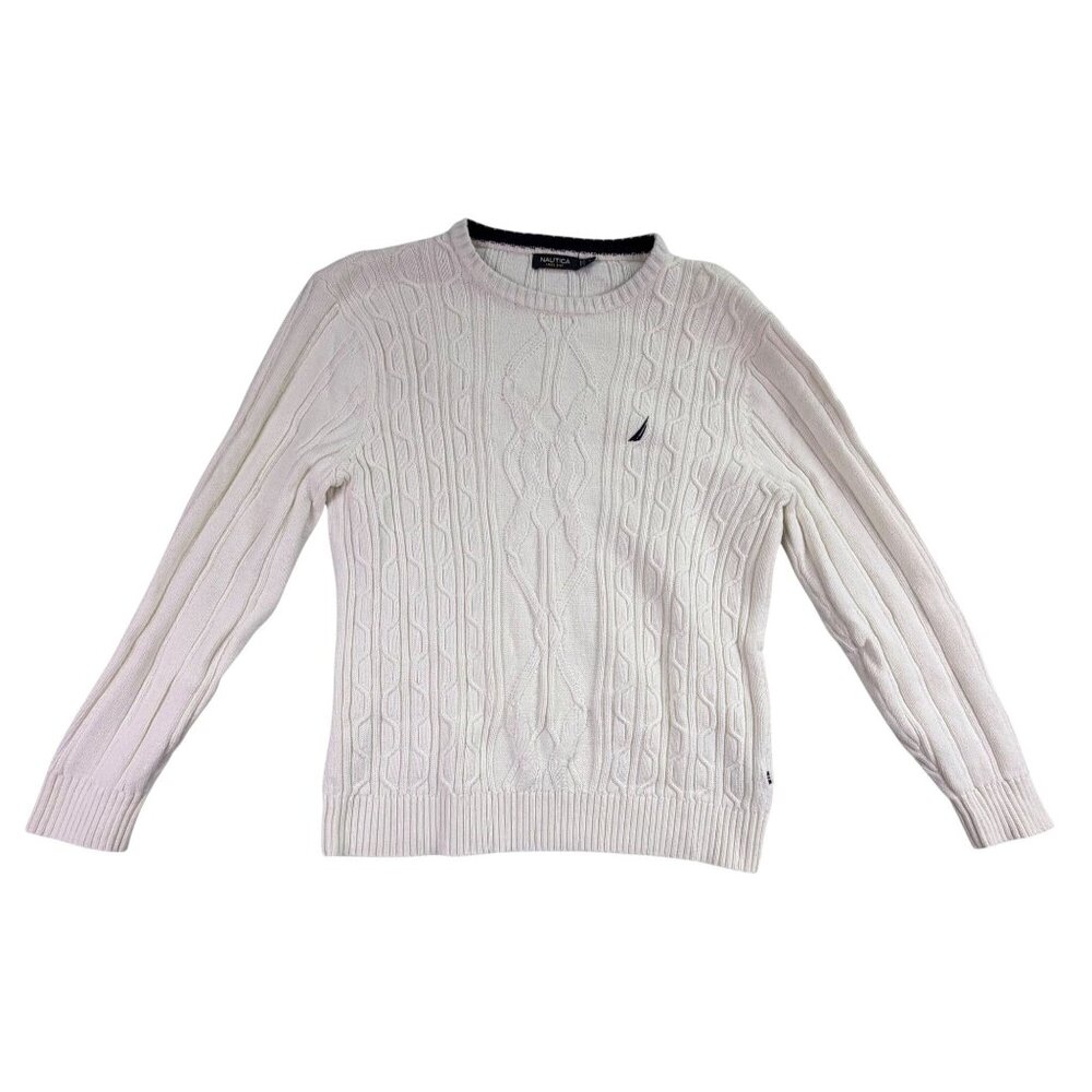 Nautica Mens White Cotton Cable Knit Sweater Long Sleeve Crewneck Size L